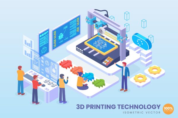 3D打印技术等距矢量科技素材库精选概念插画v1 Isometric 3D Printing Technology Vector Concept