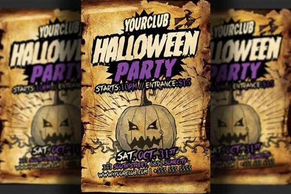 复古做旧万圣节派对活动推广传单模板 Halloween Party Flyer Template