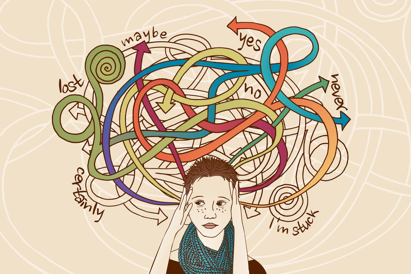 困惑的女子矢量手绘图案素材 Confused and Doubtful Young Woman插图