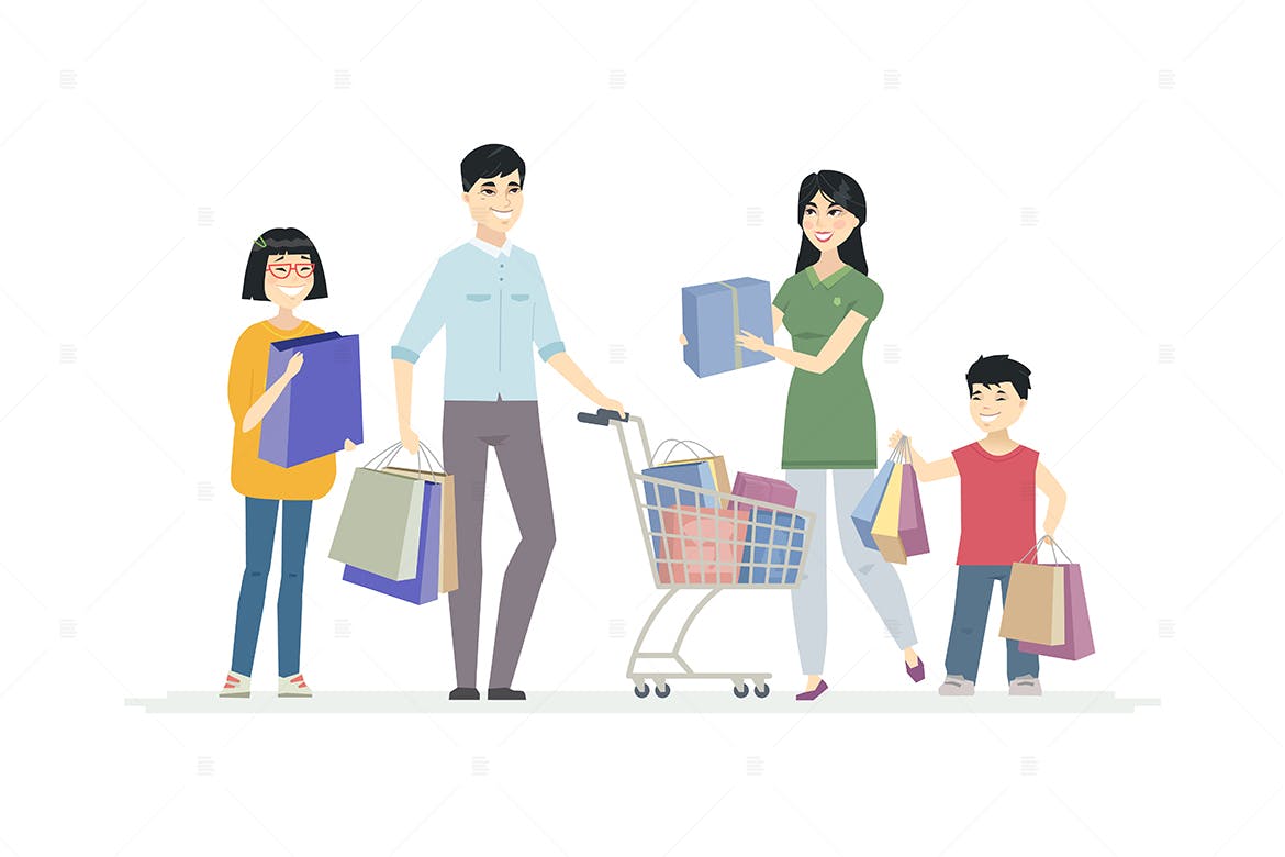 中国家庭购物卡通人物形象矢量素材库精选设计素材 Chinese family doing shopping – illustration插图