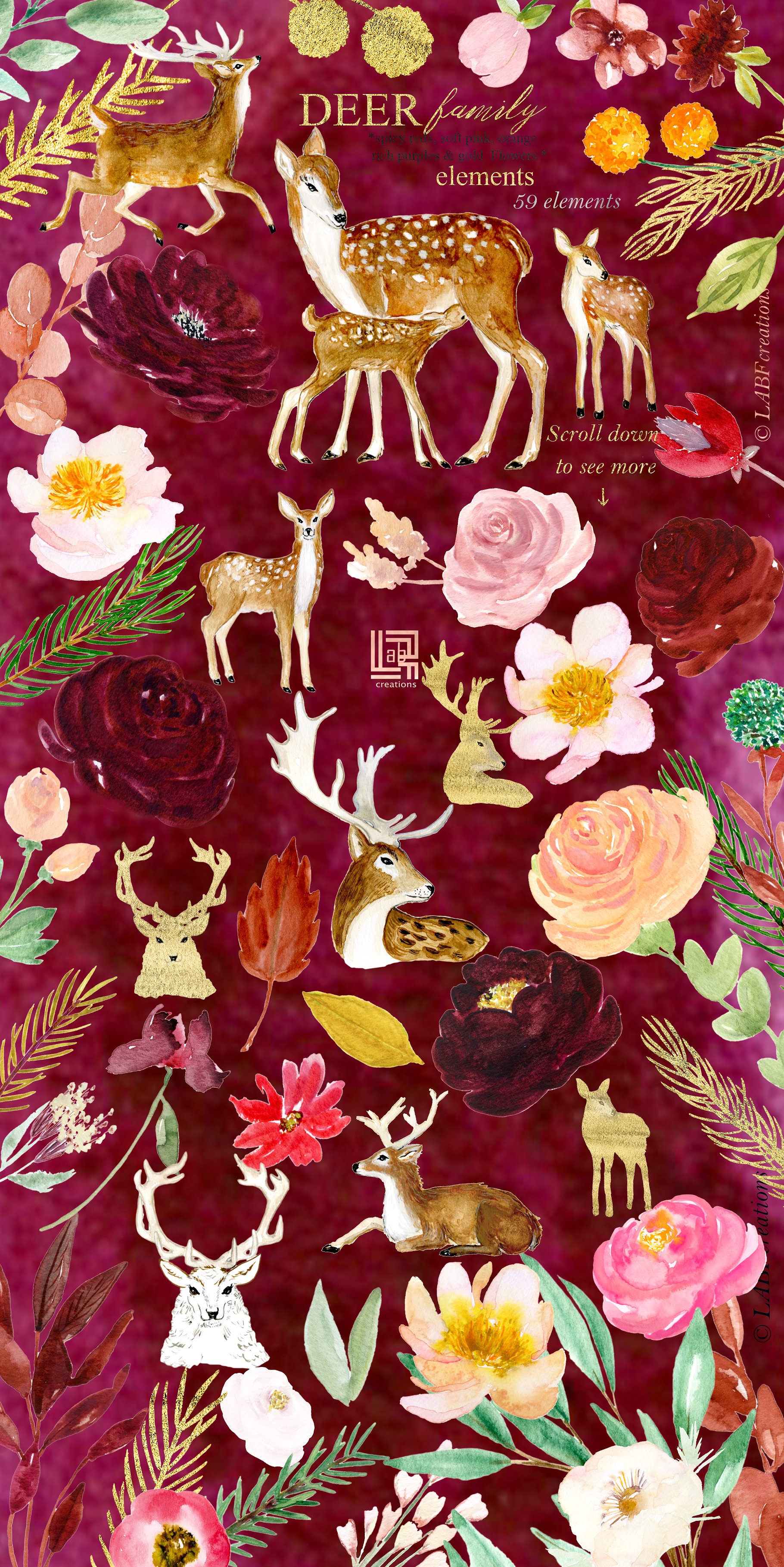 鹿家族/香辣红/橙金水彩手绘剪贴画 Deer family. Spicy red, orange gold插图(5)