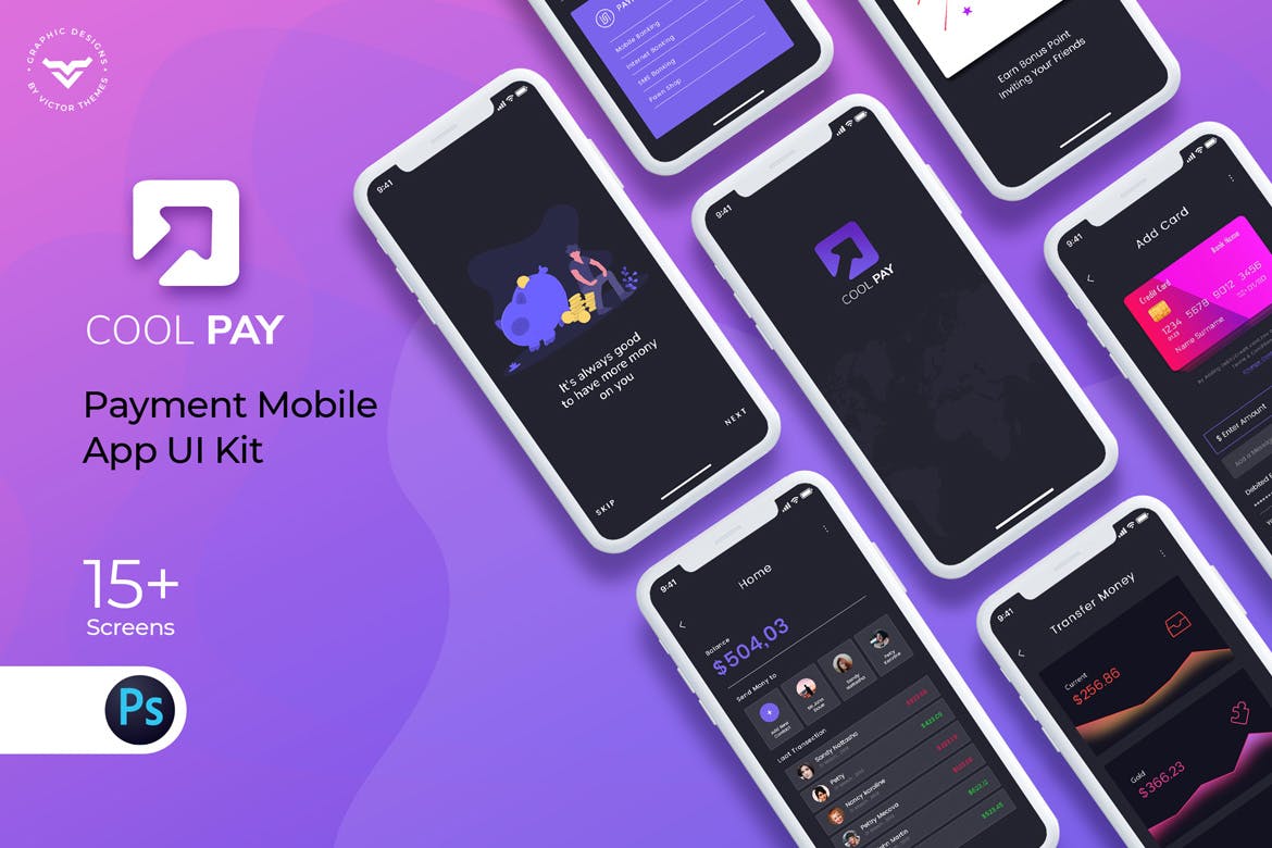 移动支付工具/电子钱包APP应用UI设计套件 Cool Pay Payment Mobile App UI Kit插图(1)