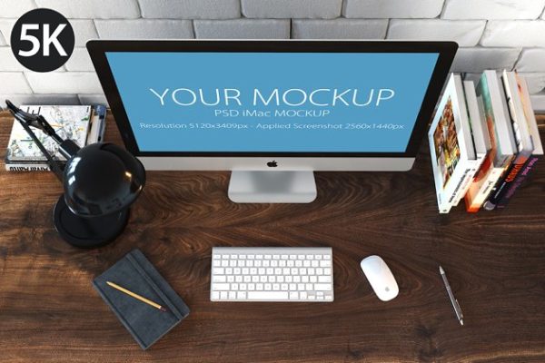 5K高清分辨率iMac苹果一体机办公场景展示样机 iMac Mockup – (top view_5k)