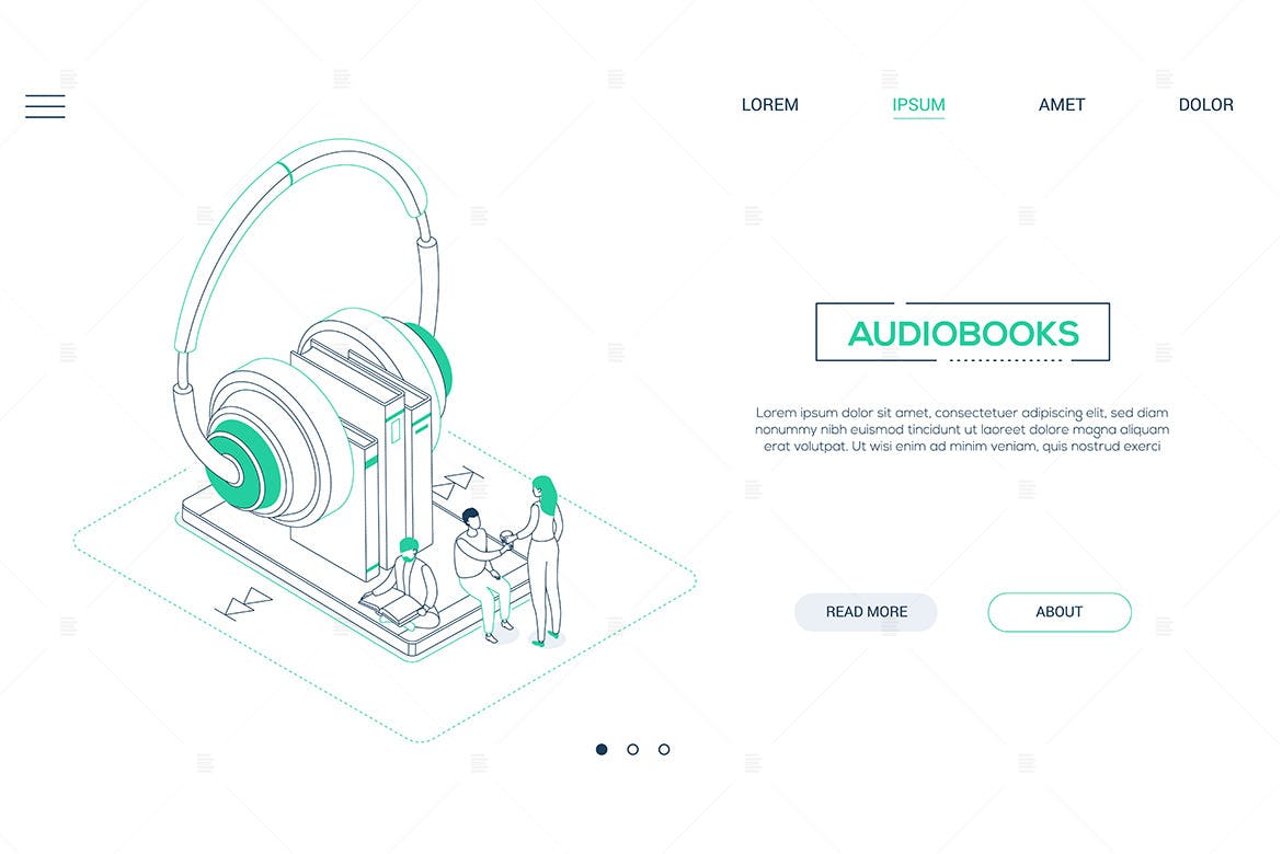 有声读物主题网站Banner设计线性矢量插画素材 Audiobooks – line design isometric web banner插图