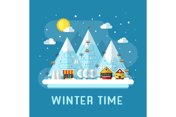 冬季滑雪场场景扁平化设计风格矢量插画素材库精选 Winter Ski Resort Vacation Flat Landscape