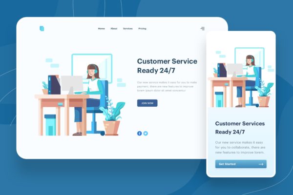 客户服务主题APP&amp;Web矢量插画 Customer Service Illustration – Website Header