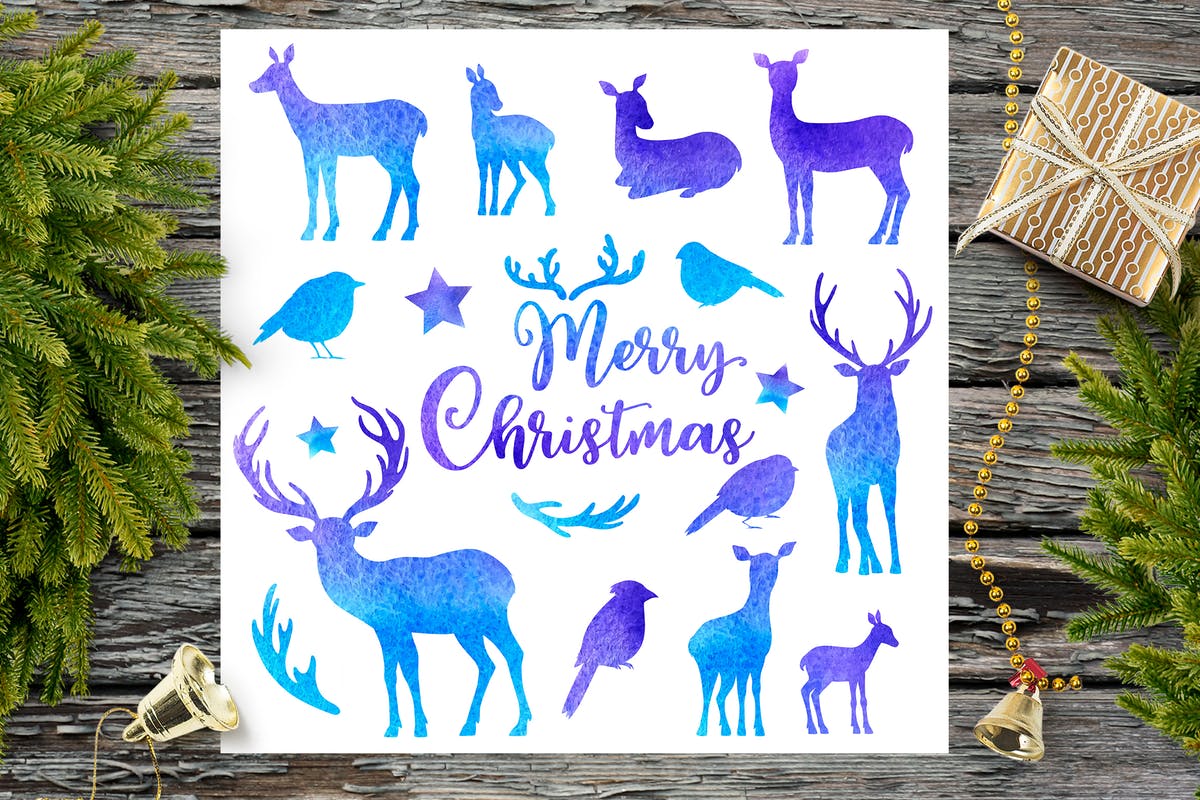 蓝色水彩动物剪影素材 Blue Watercolor Animal Silhouettes插图