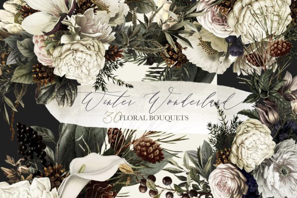 典雅风冬季仙境花束插画素材 Winter Wonderland Floral Bouquets