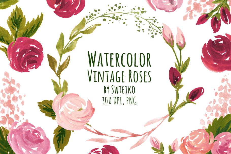 复古水彩玫瑰花卉剪贴画 Vintage Roses插图