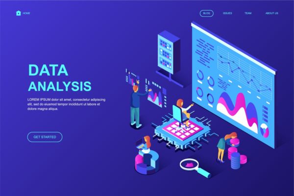 数据统计分析等距概念插画网站着陆页设计模板 Data Analysis Isometric Landing Page Template