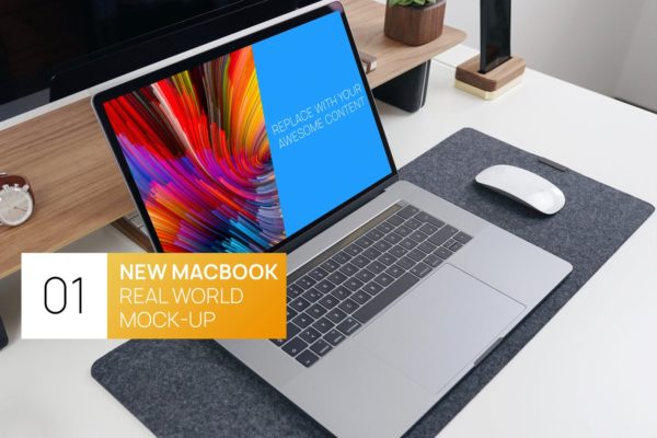 现代简约风办公桌MacBook Pro电脑素材库精选样机 New MacBook Pro Touchbar Real World Mock-up