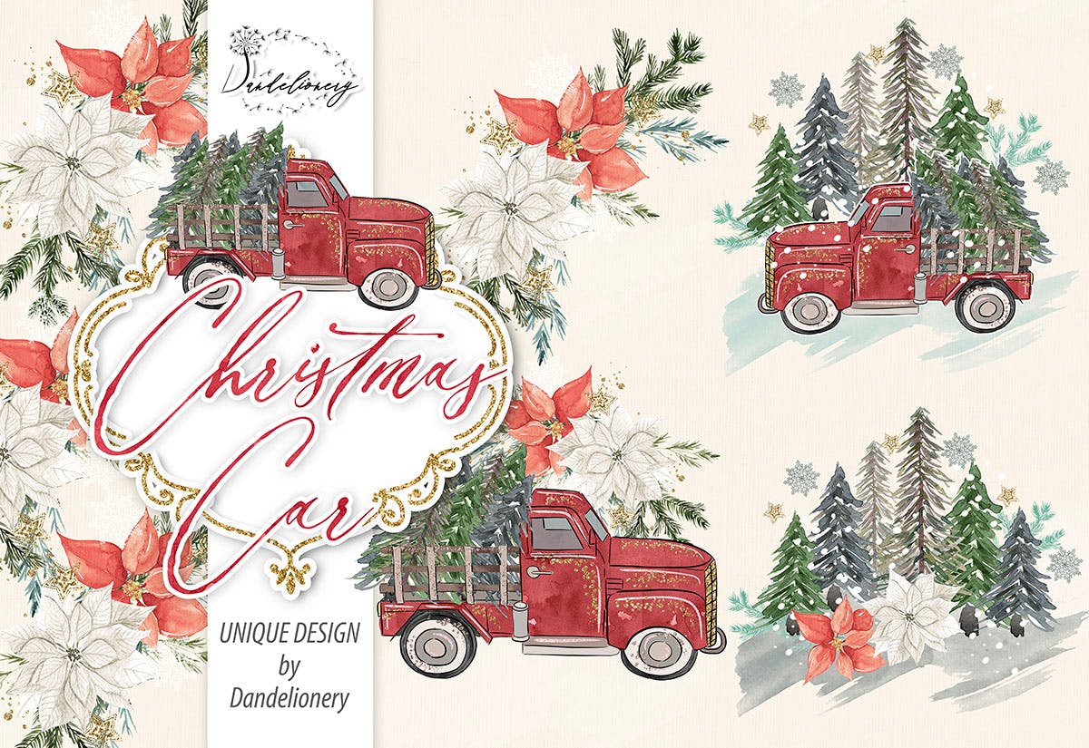 圣诞节节日主题水彩手绘汽车设计剪贴画PNG素材 Christmas Car design插图(2)