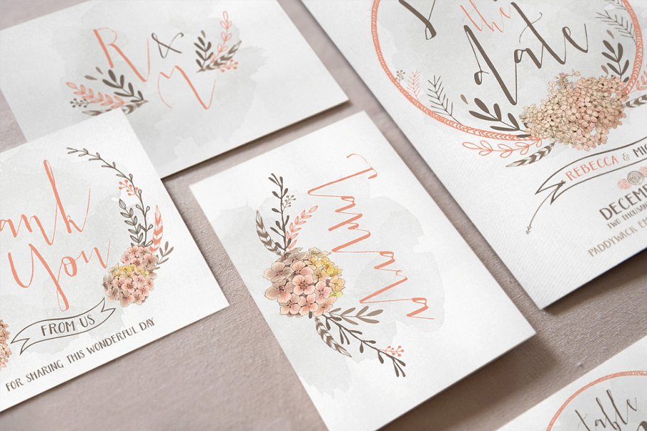 水彩花环花卉婚礼邀请物料模板 Wreath & Flower Wedding Suite插图(5)