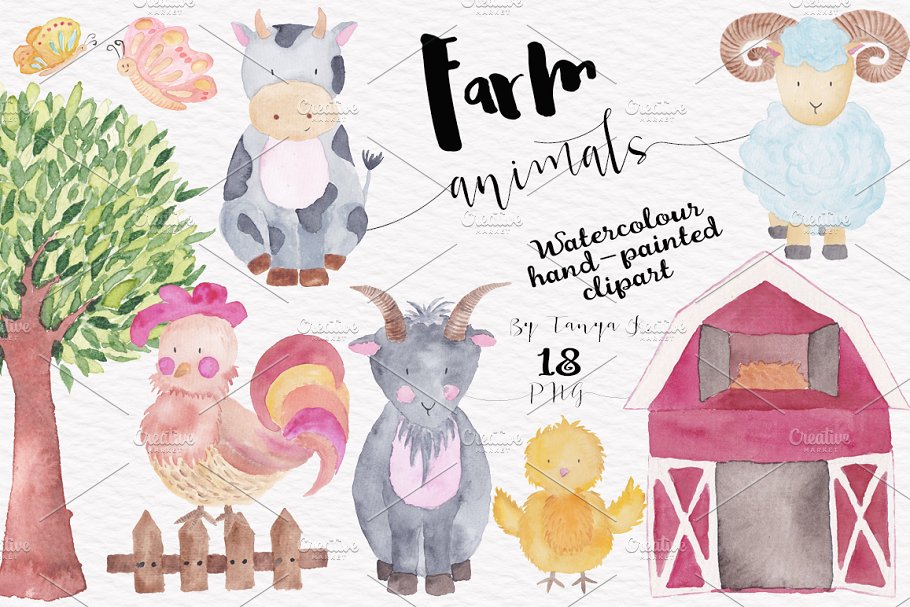 农场牧场动物水彩插画套件 Farm Animals Big Watercolor Set插图