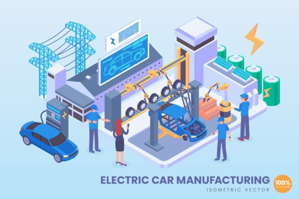电动车制造技术等距矢量科技素材库精选概念插画v2 Isometric Electric Car Manufacturing Vector