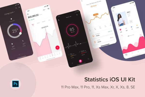 iOS平台数据统计分析APP应用UI设计素材库精选套件PSD模板 Statistics iOS UI Kit (Photoshop)