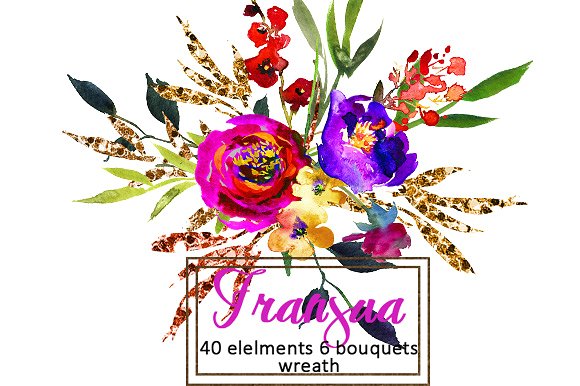 紫金水彩花花卉插画剪贴画 Purple Gold Watercolor Flowers插图(7)