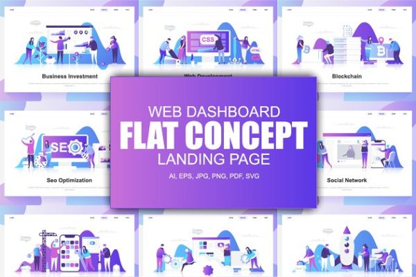现代化平面设计理念Web仪表板登录页面模板 Landing Page Templates