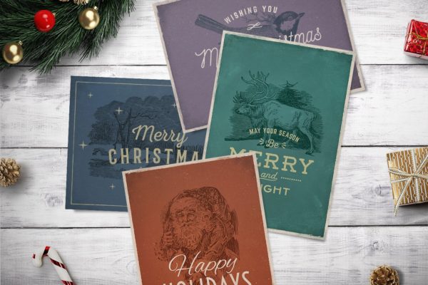 4款复古设计风格圣诞贺卡设计模板v2 4 Vintage Christmas Cards vol. 2