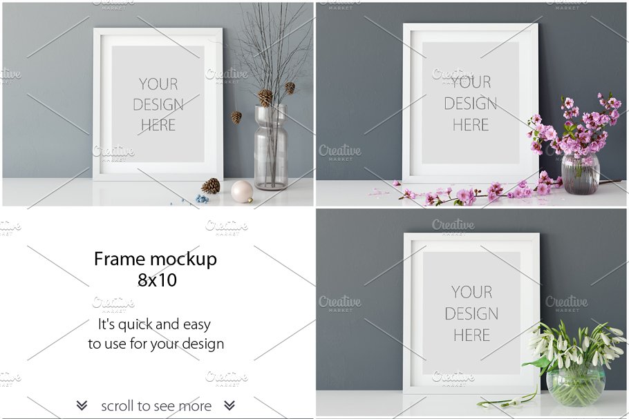 灰色背景画框相框样机 Frames Mockup 8×10 – PACK (Grey)插图(1)