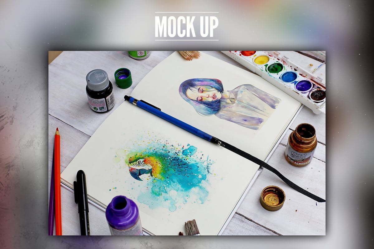 手绘画册作品展示样机 Watercolor Book Mock Up插图