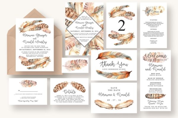 波希米亚风格羽毛插画婚礼邀请函设计套件 Boho Feather Invitation Suite