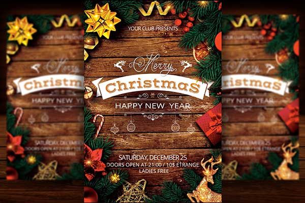 乡村风格的圣诞节&amp;新年海报模板 Christmas New Year Party Flyer [psd]