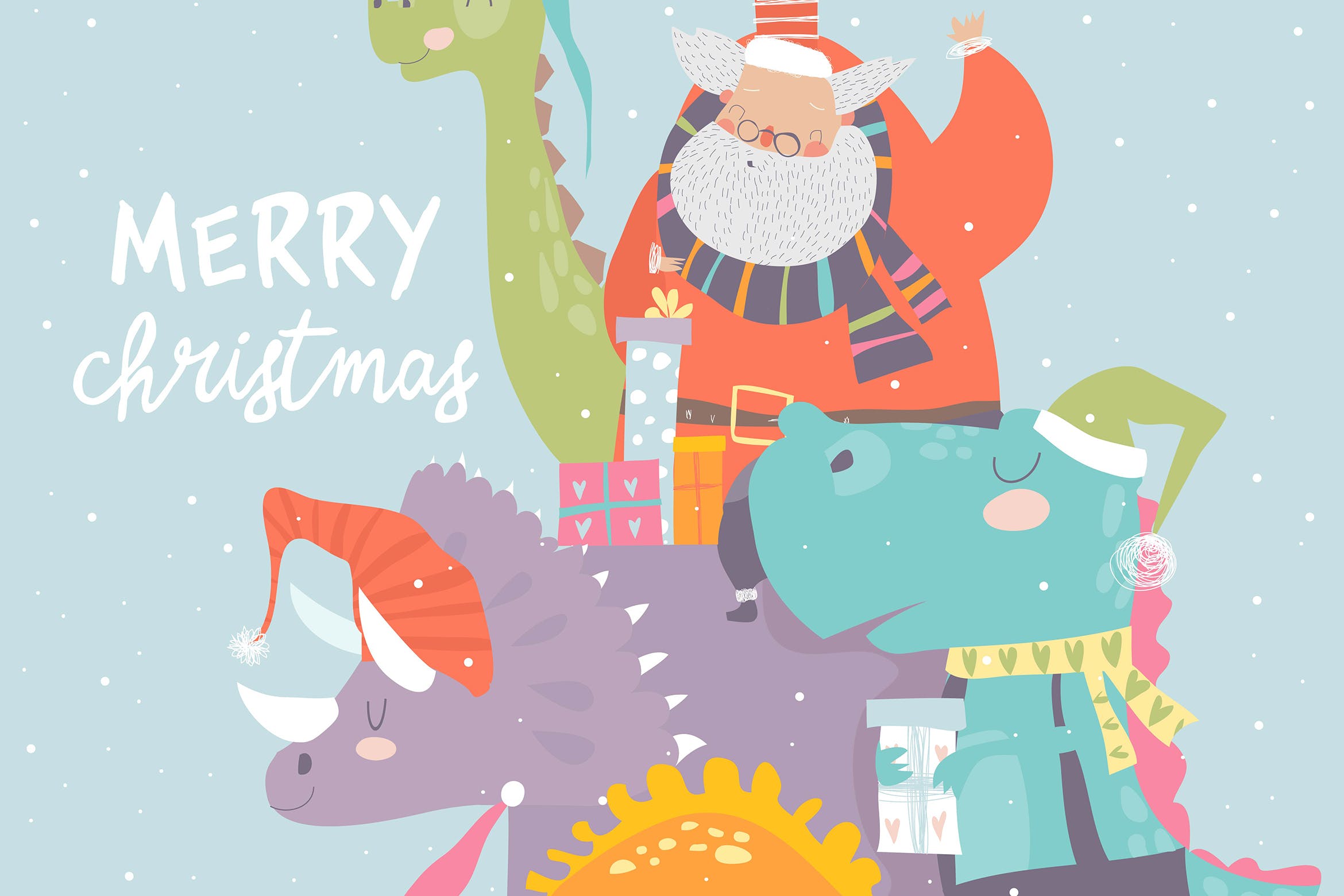 骑恐龙送礼物的卡通圣诞老人矢量手绘素材 Cartoon Santa Claus with gifts sitting on dinosaur插图