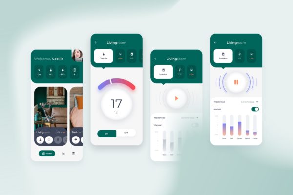 智能家居APP客厅控制界面设计素材库精选模板 Smart Home Livingroom Control UI – FD