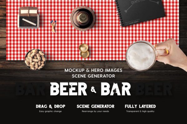 啤酒样机&amp;酒吧巨无霸场景样机模板 Beer &amp; Bar Mockup &amp; Hero Images Scene Generator