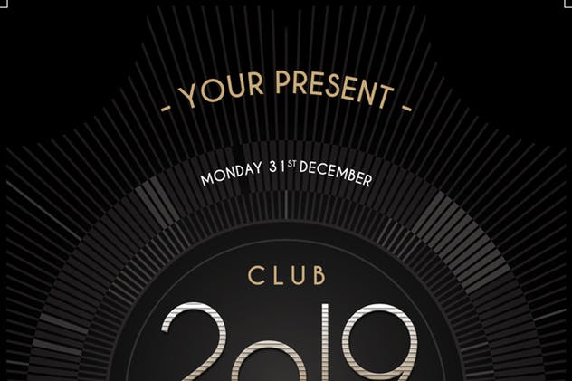 酷黑背景圆形线条图形2019新年海报设计模板 New Year Party 2019插图(1)