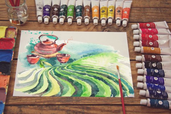 水彩画作品展览工作室场景样机 Sketchbook Paint Scene