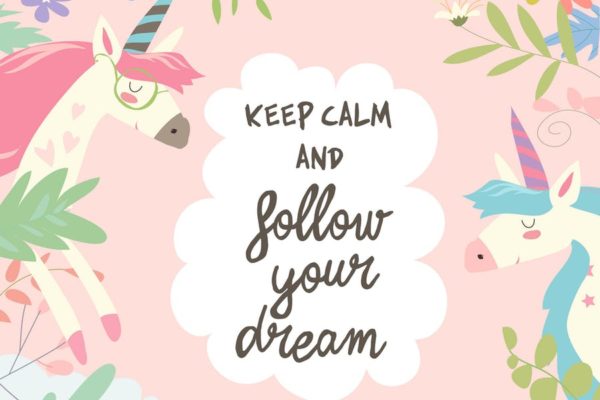 可爱魔法独角兽/鲜花边框矢量插画素材 Cute magic frame composed of unicorns and flowers.