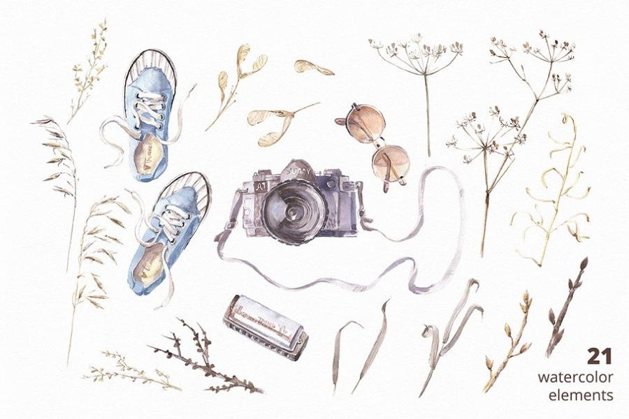 复古风格摄影水彩插画套装插图(13)