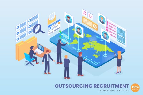 外包招聘劳务派遣主题等距矢量素材库精选概念插画 Isometric Outsourcing Recruitment Vector Concept