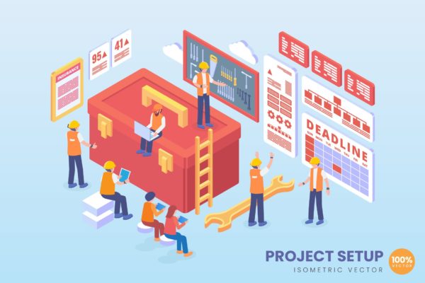 项目管理中心主题等距矢量素材库精选概念插画素材 Isometric Project Setup Vector Concept