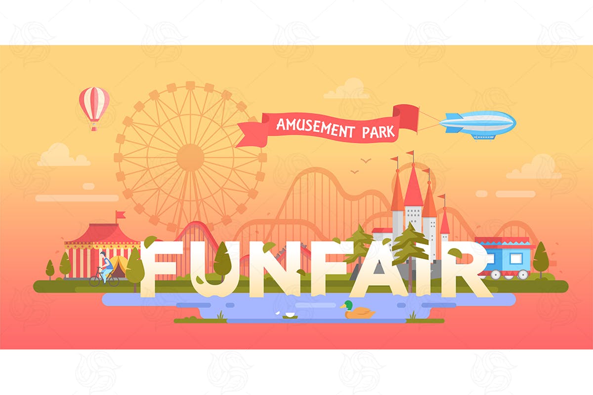 游乐园场景Banner矢量插画 Funfair – modern vector banner illustration插图