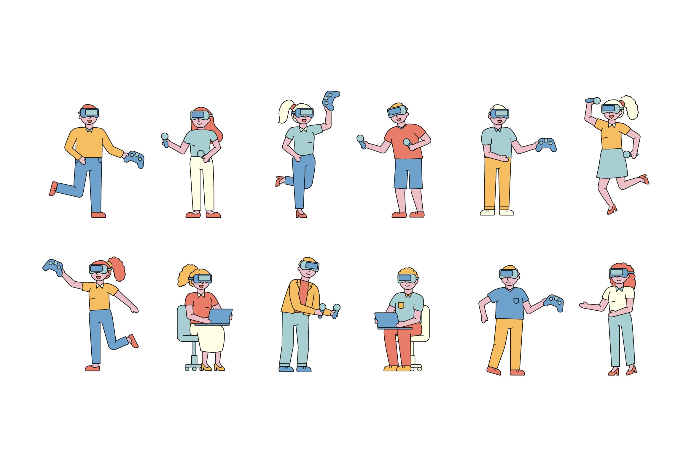 VR游戏者人物形象线条艺术矢量插画素材库精选素材 VR Lineart People Character Collection插图