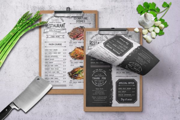 复古单页牛排西餐厅菜单设计模板 Vintage Single Page Food Menu A4 &amp; US Letter