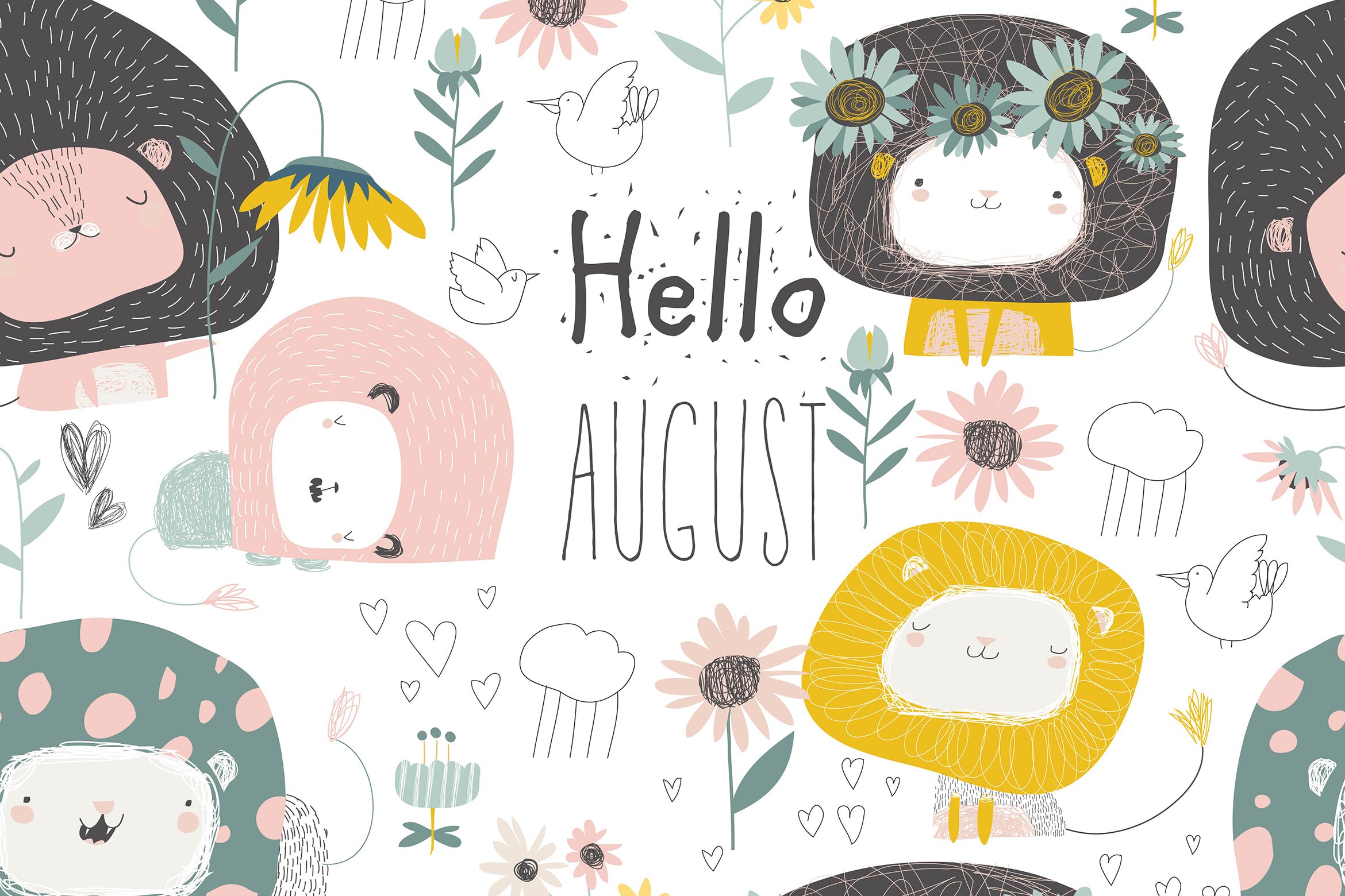 卡通狮子/花卉手绘无缝矢量图案图片设计素材 Vector seamless pattern with cute lions and flower插图