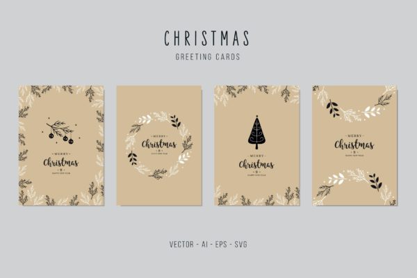 植物手绘图案圣诞节贺卡矢量设计模板集v2 Christmas Greeting Vector Card Set
