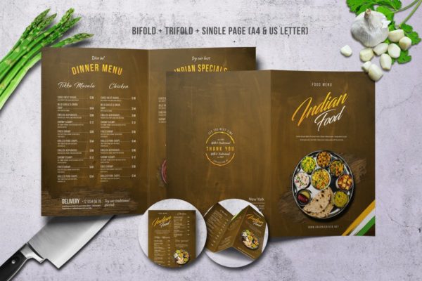 印度乡村美食菜单PSD模板套装 Indian A4 &amp; US Letter Food Menu Bundle