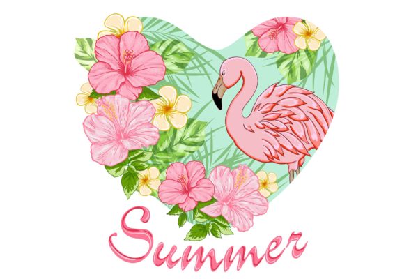 水彩花卉&amp;粉红火烈鸟热带主题插画素材 Tropical Flowers and Pink Flamingo