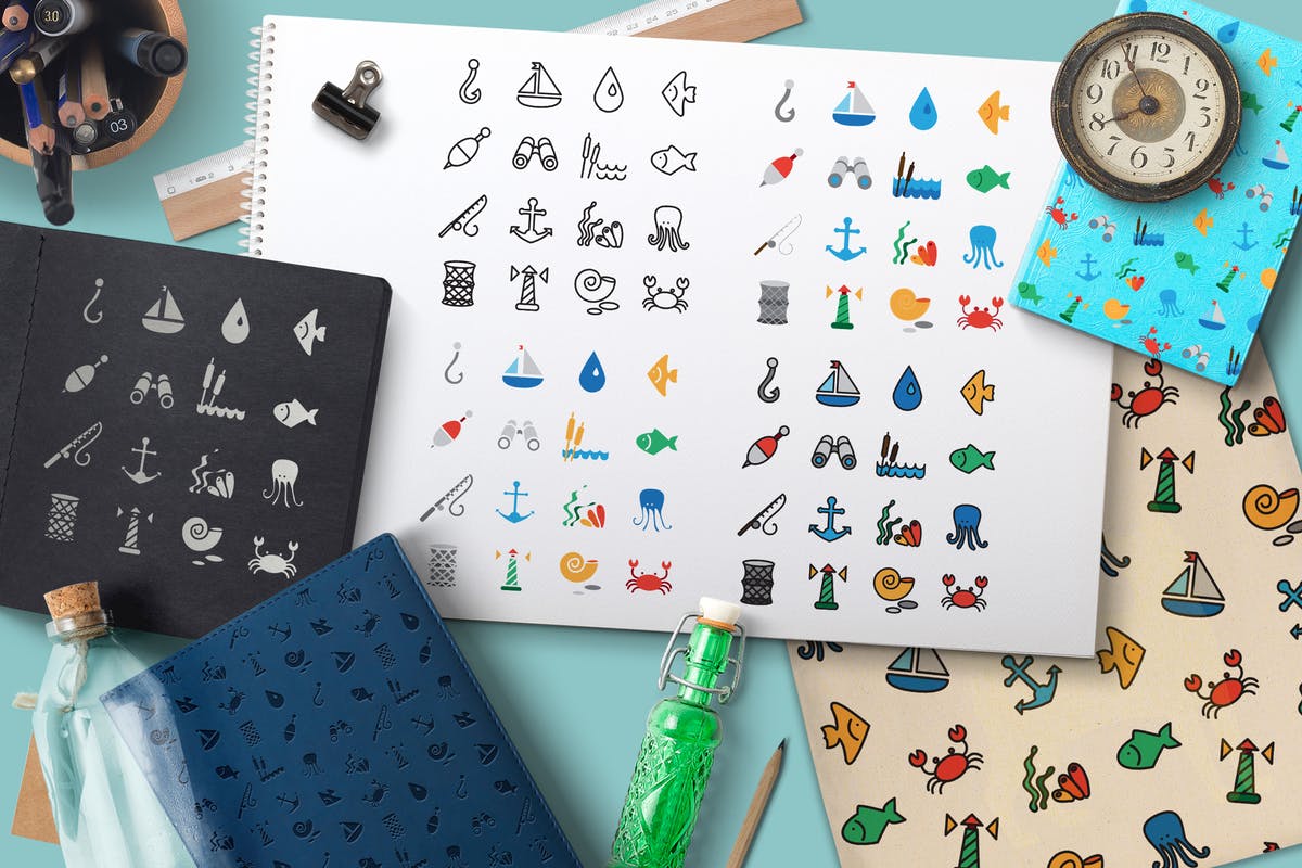 海洋主题图标&图案背景纹理 Sea Icons and Patterns Set插图