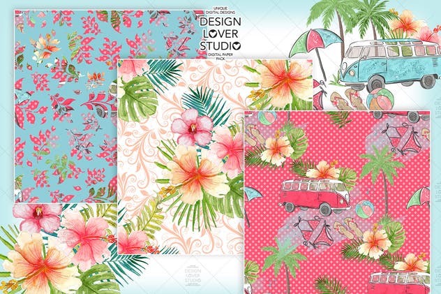 夏季海滩主题水彩花卉纸张图案背景套装 Go to the Beach digital paper pack插图(2)