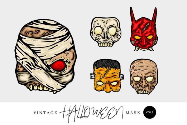 5个万圣节复古设计风格手绘面具矢量图形素材v1 5 Vintage Hand Drawing Halloween Mask Vector 1