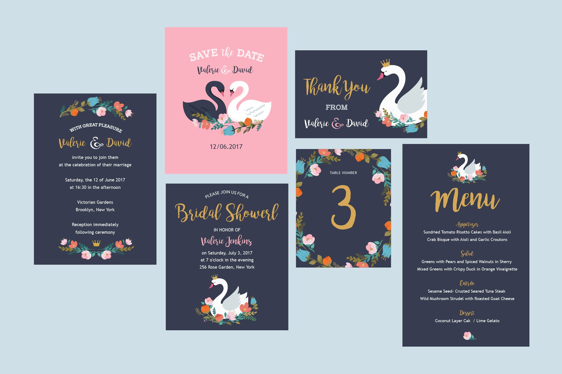 天鹅湖婚礼邀请函设计模板 Wedding set with Swan lake theme插图(1)