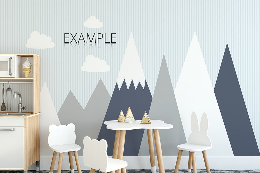 儿童卧室书房墙纸&相框样机 KIDS Interior WALL & FRAMES Mockup 3插图(7)