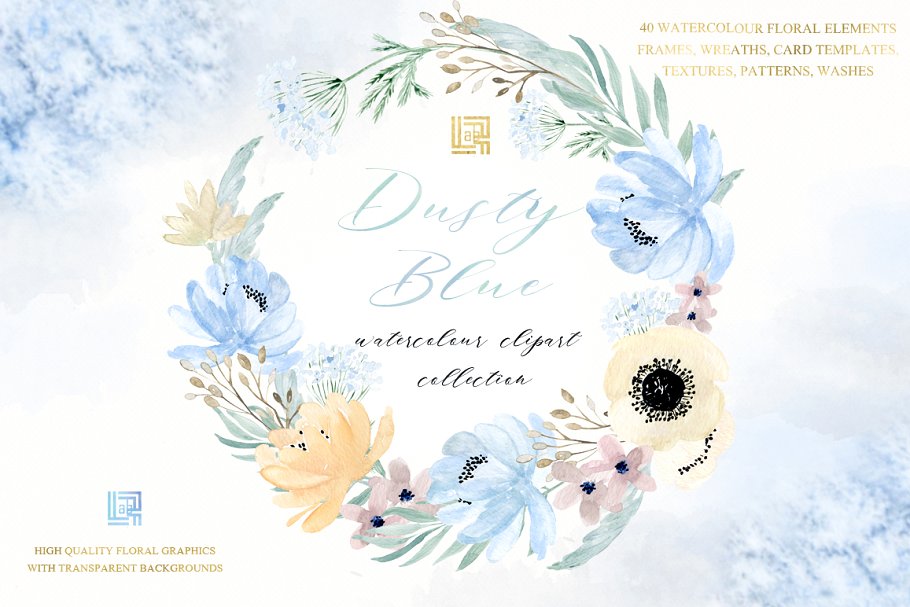 灰蓝色&金色水彩花卉图案 Dusty blue gold. Watercolor floral插图