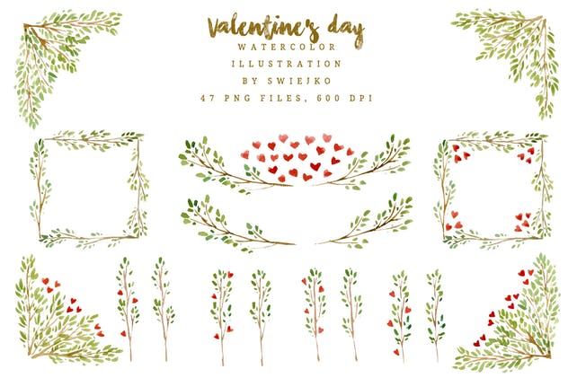 情人节手绘水彩叶子插画套装 Watercolor Valentine Illustration插图(3)